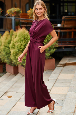 Burgundy Solid Color Cap Sleeve Knot Waist Shift Jumpsuit