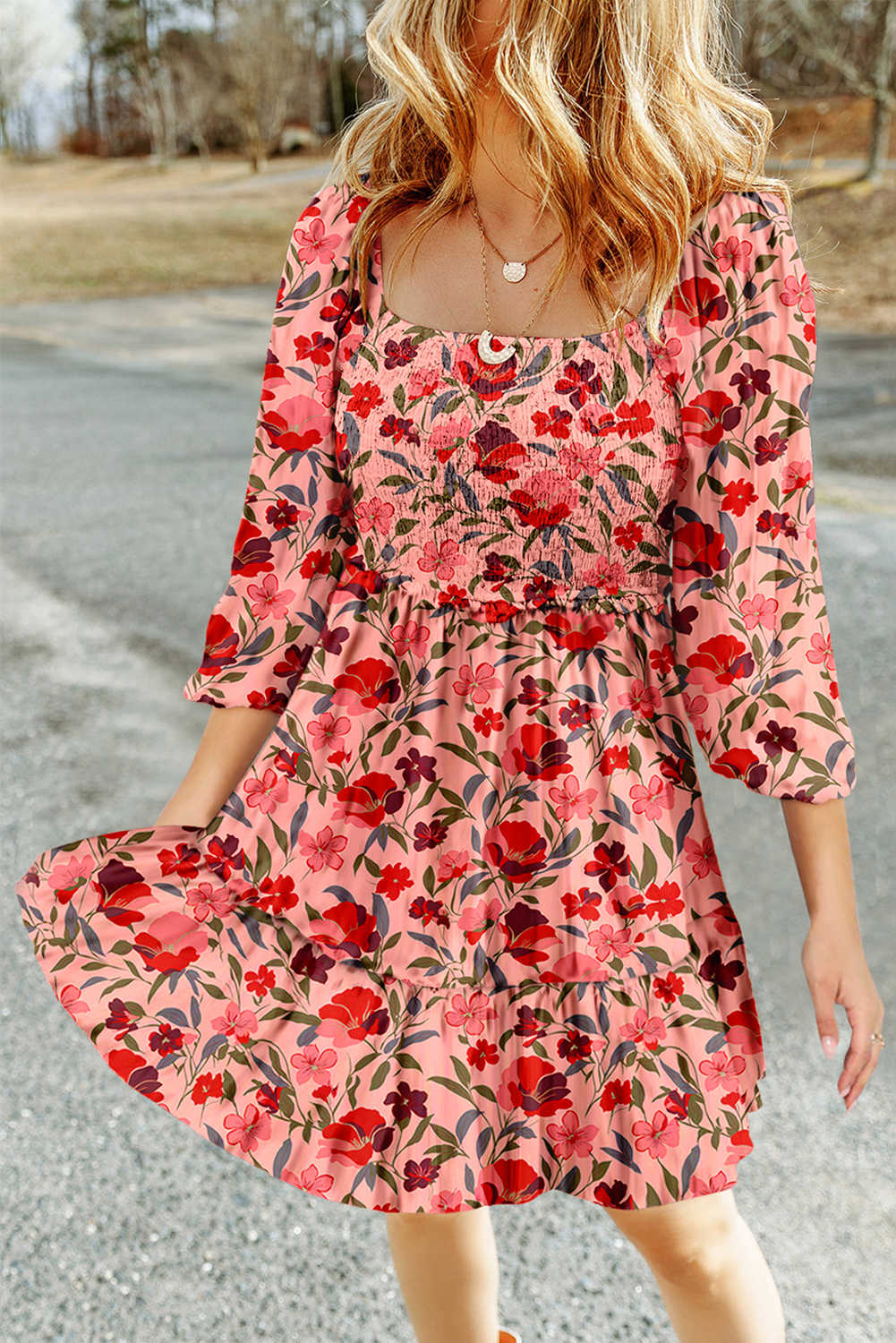 Red Floral 3/4 Sleeve Square Neck Smocked Mini Dress