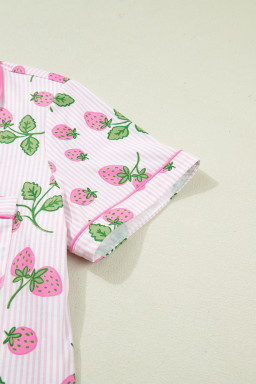 Pink Striped Strawberry Print Lapel Shirt Drawstring Shorts 2pcs Pajama Set