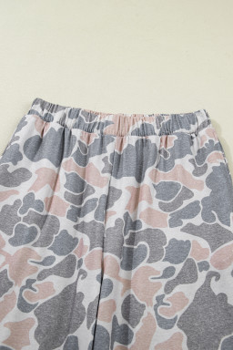 Multicolour Camouflage Short Sleeve Top and High Waist Wide Leg Pants Set