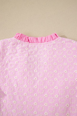 Pink Eyelet Embroidered Flower Texture Contrast Lace Trim Flutter Sleeve Blouse