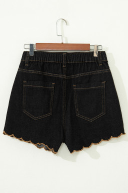Black Embroidered Scalloped Trim Relaxed Denim Shorts