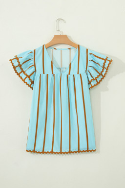 Sky Blue Stripe Ricrac Trim Double Ruffled Short Sleeve V Neck Blouse