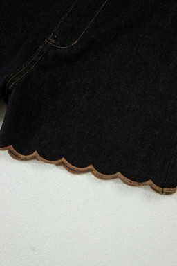 Black Embroidered Scalloped Trim Relaxed Denim Shorts