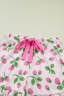 Pink Striped Strawberry Print Lapel Shirt Drawstring Shorts 2pcs Pajama Set
