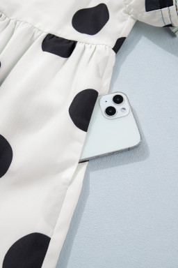 White Polka Dot Print Half Button Ruffled Short Sleeve Loose Mini Dress