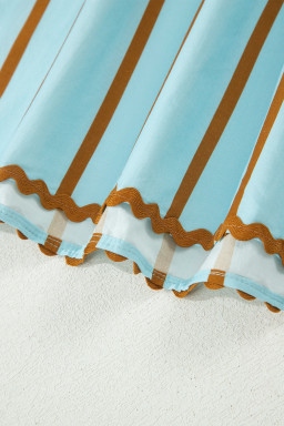 Sky Blue Stripe Ricrac Trim Double Ruffled Short Sleeve V Neck Blouse
