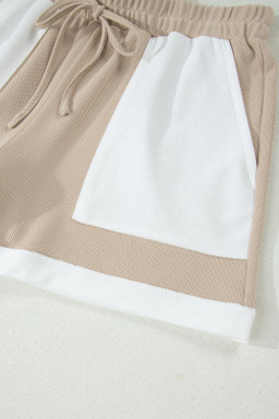 Beige Raw Edge Color Block Patchwork Oversize Tee Drawstring Loose Shorts 2pcs Set