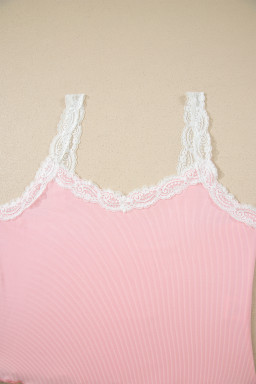 Pink Ribbed Knit Lace Straps Patchwork Lettuce Hem Cropped Top Floral Short Lounge Set