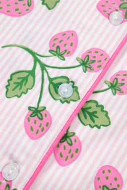 Pink Striped Strawberry Print Lapel Shirt Drawstring Shorts 2pcs Pajama Set