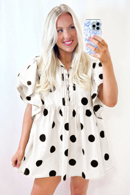 White Polka Dot Print Half Button Ruffled Short Sleeve Loose Mini Dress
