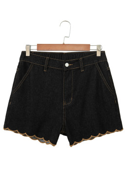 Black Embroidered Scalloped Trim Relaxed Denim Shorts