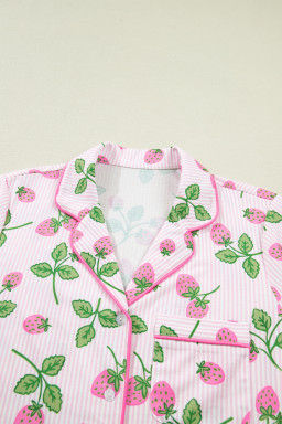 Pink Striped Strawberry Print Lapel Shirt Drawstring Shorts 2pcs Pajama Set