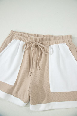 Beige Raw Edge Color Block Patchwork Oversize Tee Drawstring Loose Shorts 2pcs Set