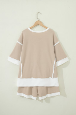 Beige Raw Edge Color Block Patchwork Oversize Tee Drawstring Loose Shorts 2pcs Set