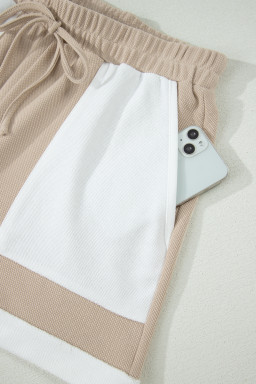 Beige Raw Edge Color Block Patchwork Oversize Tee Drawstring Loose Shorts 2pcs Set