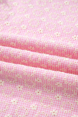 Pink Eyelet Embroidered Flower Texture Contrast Lace Trim Flutter Sleeve Blouse