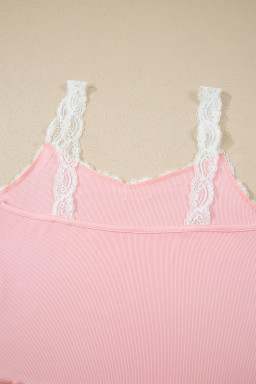 Pink Ribbed Knit Lace Straps Patchwork Lettuce Hem Cropped Top Floral Short Lounge Set