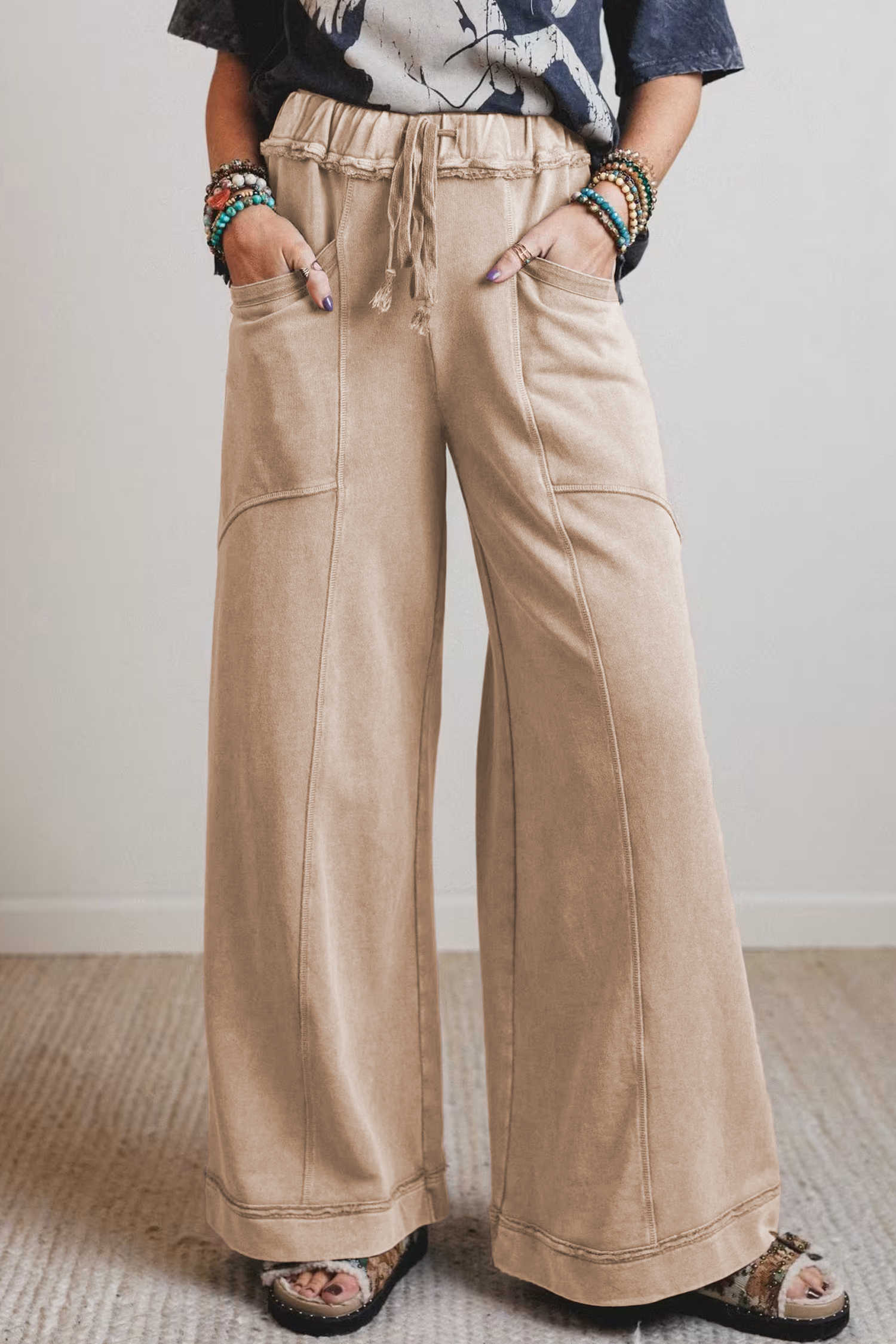 Smoke Gray Mineral Wash Drawstring Retro High Waist Wide Leg Western Pants