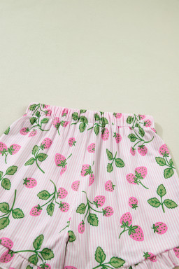 Pink Striped Strawberry Print Lapel Shirt Drawstring Shorts 2pcs Pajama Set