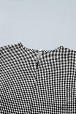 Black Plaid Bow Ruffled Half Sleeve Round Neck Blouse
