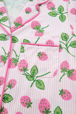 Pink Striped Strawberry Print Lapel Shirt Drawstring Shorts 2pcs Pajama Set