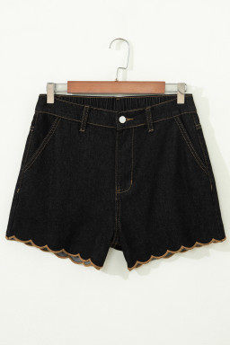 Black Embroidered Scalloped Trim Relaxed Denim Shorts
