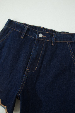 Navy Blue Embroidered Scalloped Trim Relaxed Denim Shorts