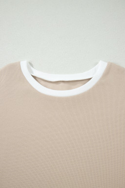Beige Raw Edge Color Block Patchwork Oversize Tee Drawstring Loose Shorts 2pcs Set