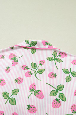 Pink Striped Strawberry Print Lapel Shirt Drawstring Shorts 2pcs Pajama Set