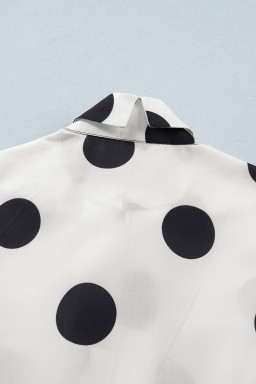White Polka Dot Print Half Button Ruffled Short Sleeve Loose Mini Dress