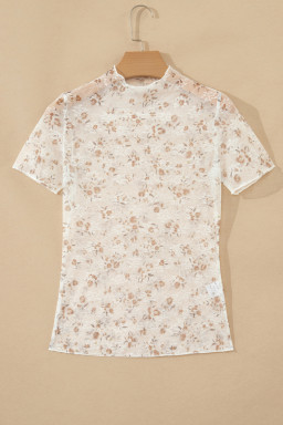White Mock Neck Short Sleeve Floral Mesh Top