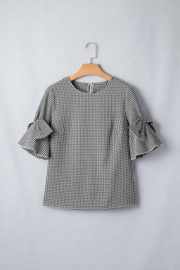 Black Plaid Bow Ruffled Half Sleeve Round Neck Blouse