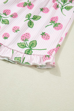 Pink Striped Strawberry Print Lapel Shirt Drawstring Shorts 2pcs Pajama Set
