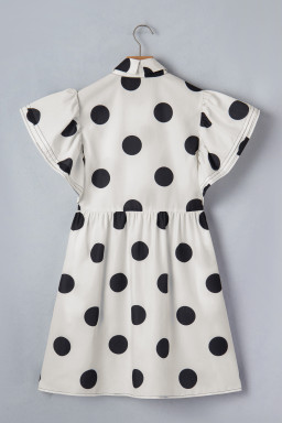 White Polka Dot Print Half Button Ruffled Short Sleeve Loose Mini Dress