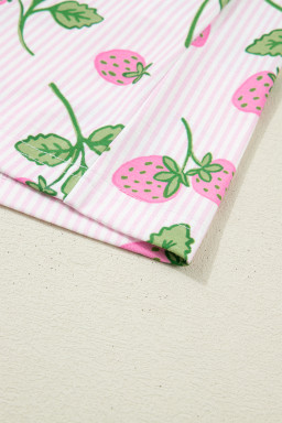 Pink Striped Strawberry Print Lapel Shirt Drawstring Shorts 2pcs Pajama Set