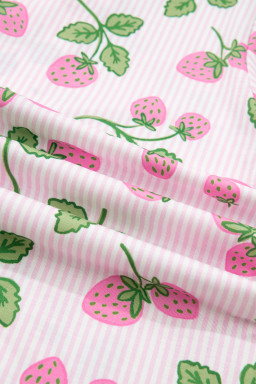 Pink Striped Strawberry Print Lapel Shirt Drawstring Shorts 2pcs Pajama Set
