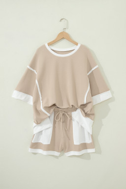 Beige Raw Edge Color Block Patchwork Oversize Tee Drawstring Loose Shorts 2pcs Set