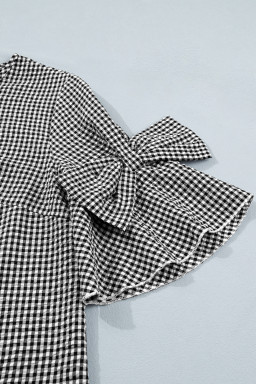 Black Plaid Bow Ruffled Half Sleeve Round Neck Blouse