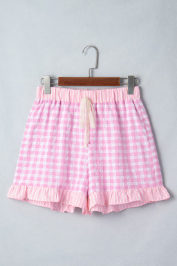 Pink Gingham Print Ruffle Striped Detail Lace Tie Shorts