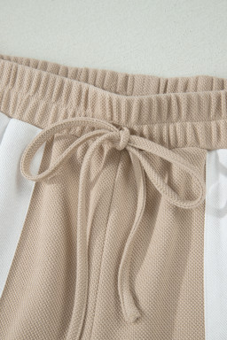 Beige Raw Edge Color Block Patchwork Oversize Tee Drawstring Loose Shorts 2pcs Set