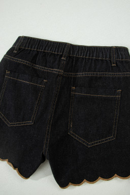 Black Embroidered Scalloped Trim Relaxed Denim Shorts