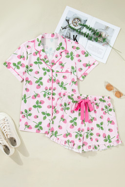 Pink Striped Strawberry Print Lapel Shirt Drawstring Shorts 2pcs Pajama Set