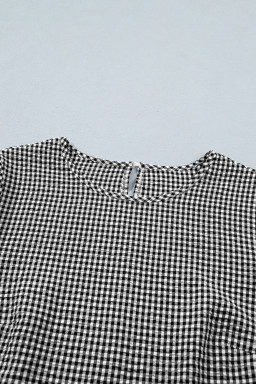 Black Plaid Bow Ruffled Half Sleeve Round Neck Blouse