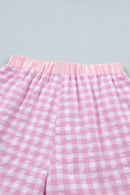 Pink Gingham Print Ruffle Striped Detail Lace Tie Shorts