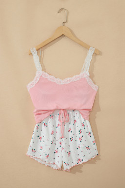 Pink Ribbed Knit Lace Straps Patchwork Lettuce Hem Cropped Top Floral Short Lounge Set