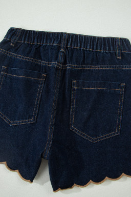 Navy Blue Embroidered Scalloped Trim Relaxed Denim Shorts