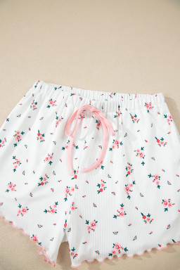 Pink Ribbed Knit Lace Straps Patchwork Lettuce Hem Cropped Top Floral Short Lounge Set