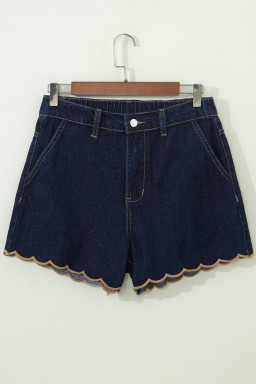 Navy Blue Embroidered Scalloped Trim Relaxed Denim Shorts