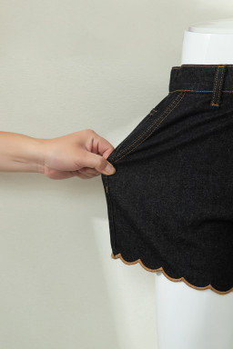 Black Embroidered Scalloped Trim Relaxed Denim Shorts